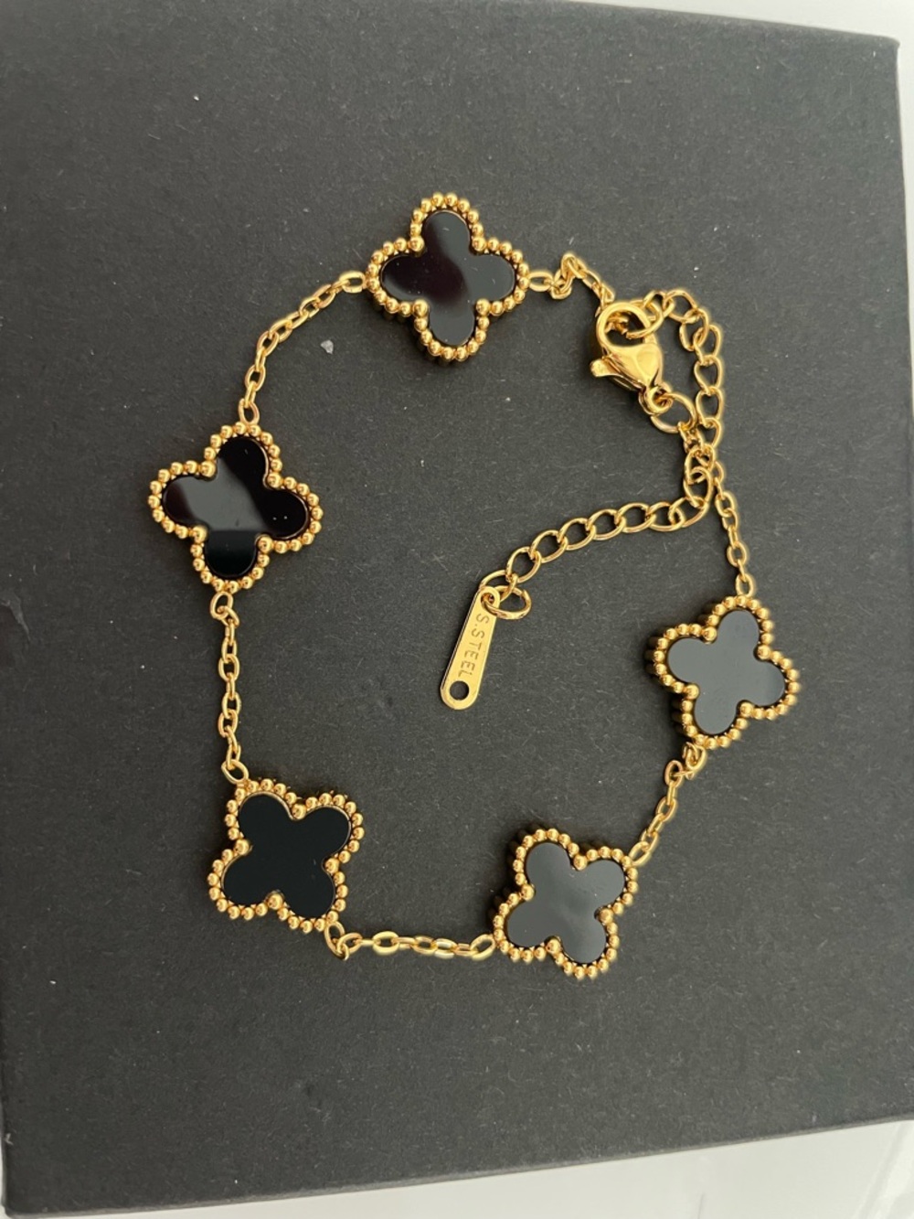 Clover Gold over Stainless Steel Bracelet w/Black Alhambra Motifs 7 to 9 inches